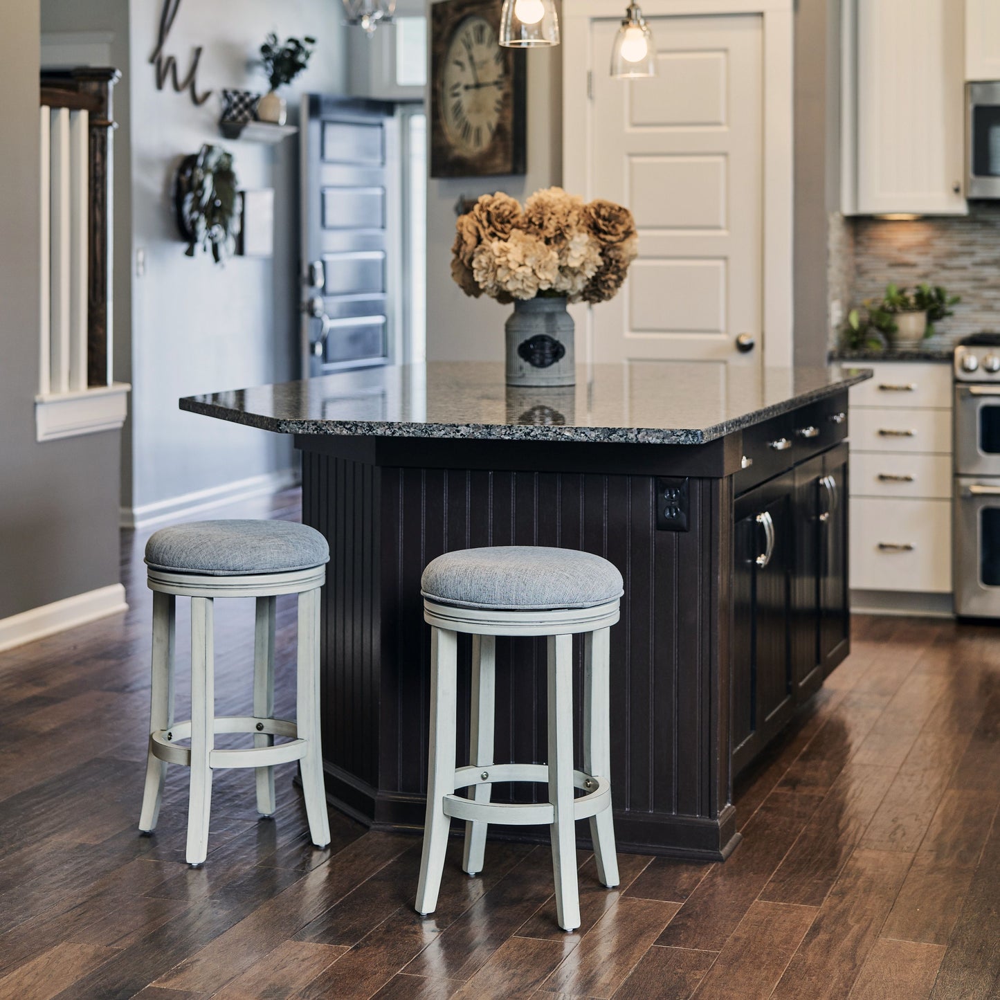 Victoria Swivel Stool in Distressed Ivory finish and Paradigm Quartz fabric