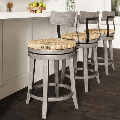 Farmhouse Stool with Seagrass Seat in Gray