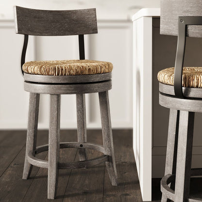 Farmhouse Stool with Seagrass Seat in Gray