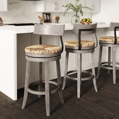 Farmhouse Stool with Seagrass Seat in Gray