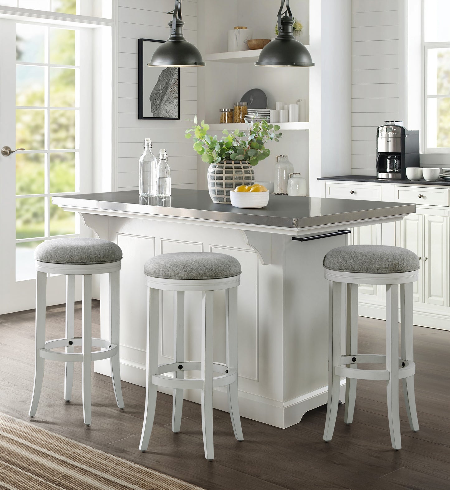 Avery Swivel Stool with Grey Fabric in White Finish - New Ridge Home